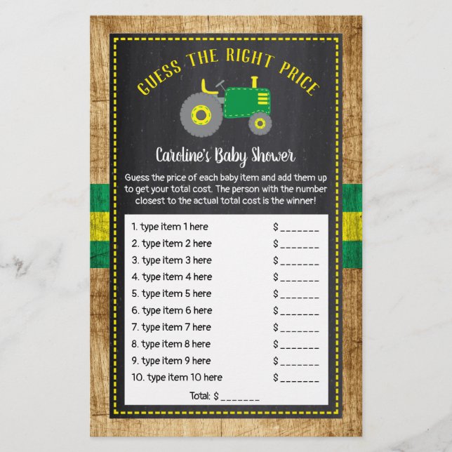 Papier Baby shower de tracteur vert rustique Devis Prix J (Devant)