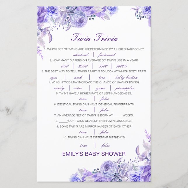 Papier Baby shower de Trivia Twin pour bébé modifiable av (Devant)