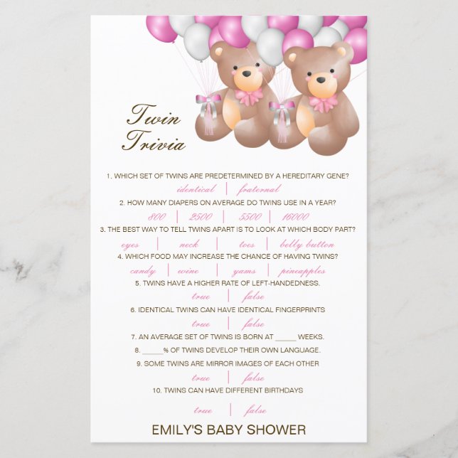 Papier Baby shower de Trivia Twin pour bébé modifiable av (Devant)