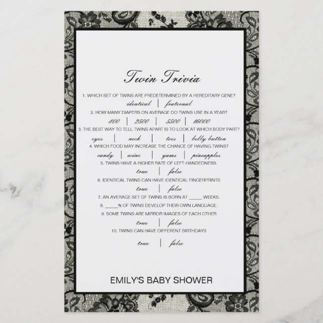 Papier Baby shower de Trivia Twin pour bébé modifiable av (Devant)