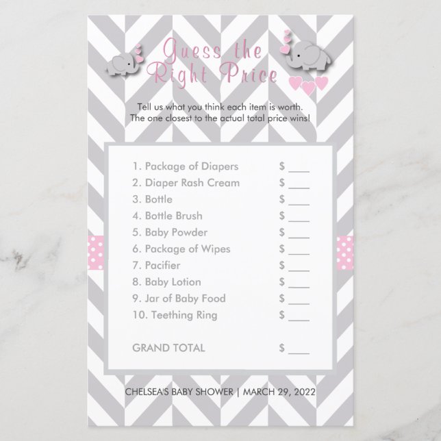 Papier Baby shower d'éléphant rose et gris - Devinez le p (Devant)