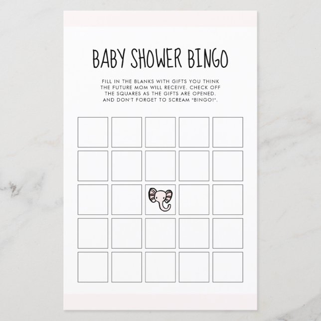 Papier Baby shower d'éléphant rose mignon Bingo (Devant)
