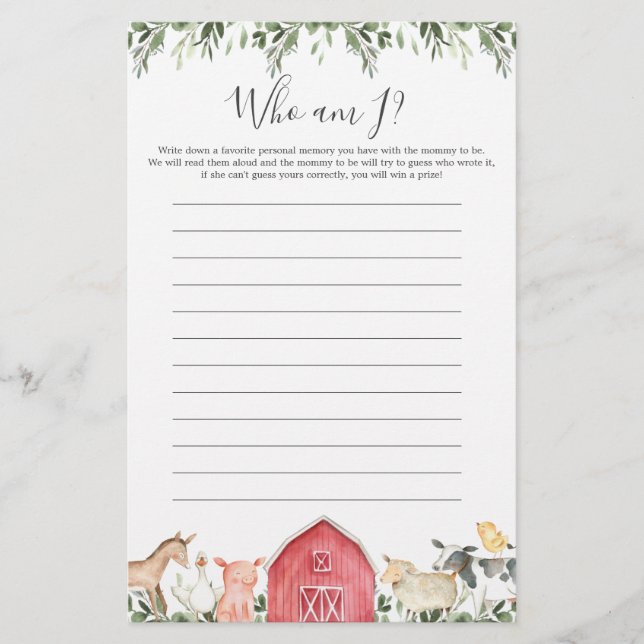 Papier Baby shower Des Animaux De Ferme Qui Suis-Je Jeu (Devant)