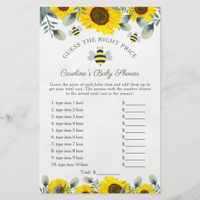 Papier Baby shower des fleurs de soleil et des abeilles J (Devant)