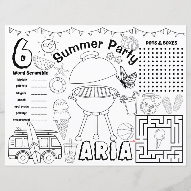 Papier Baby shower d'été set de table, Fiche d'activités  (Devant)
