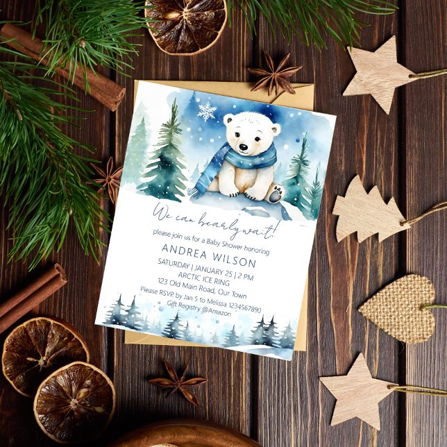 Papier Baby shower d'hiver de l'ours polaire invitation b (Polar bear winter baby shower budget invitation cute white teddy bear with a scarf winter wonderland)