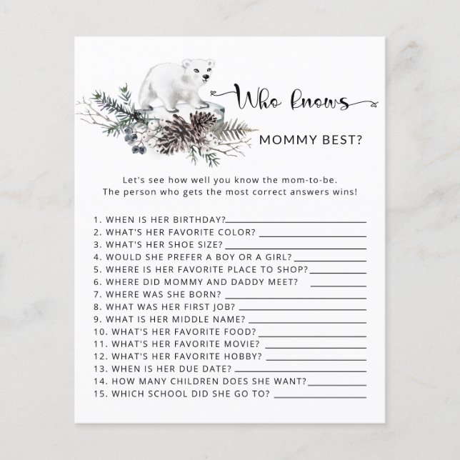 Papier Baby shower d'hiver Qui connaît maman meilleur jeu (Devant)