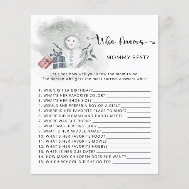 Papier Baby shower d'hiver Qui connaît maman meilleur jeu (Devant)