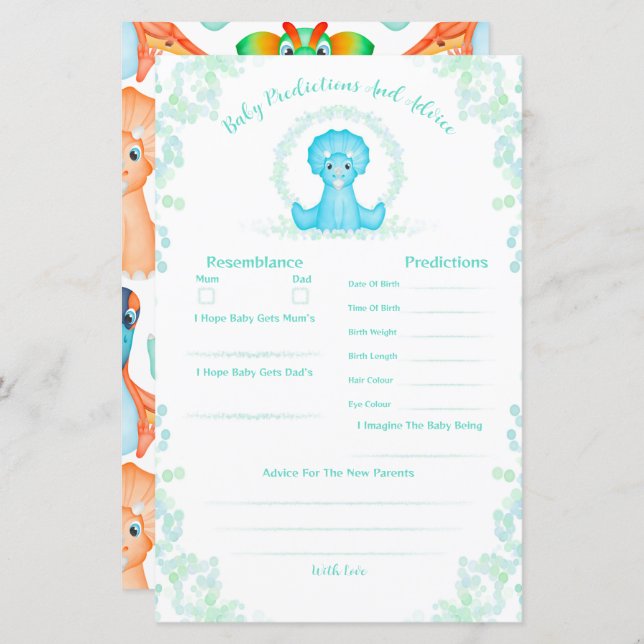 Papier Baby shower Dinosaure Bleu Prédictions Et Conseils (Devant / Derrière)