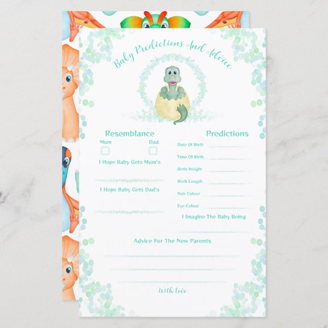 Papier Baby shower Dinosaure Bleu Prédictions Et Conseils (Devant / Derrière)
