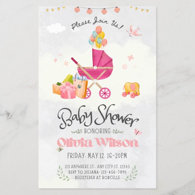 Papier baby shower d'invitation, petite fille (Devant)