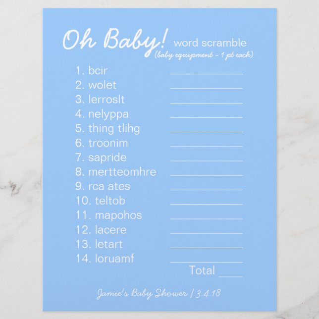 Papier Baby shower do-it-yourself - Jeu Word Scramble - b (Devant)