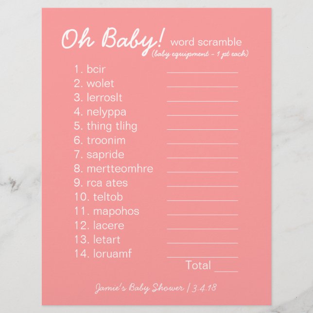 Papier Baby shower do-it-yourself - Jeu Word Scramble - r (Devant)