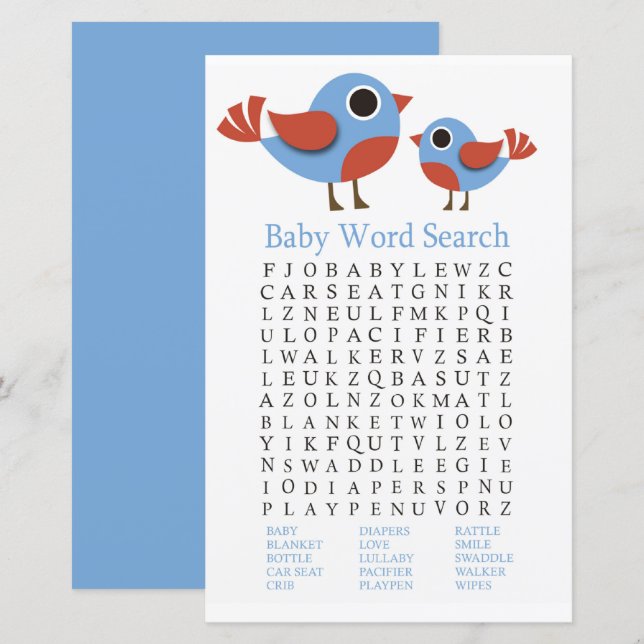 Papier Baby shower d'oiseau Mot de recherche Jeu (Devant / Derrière)