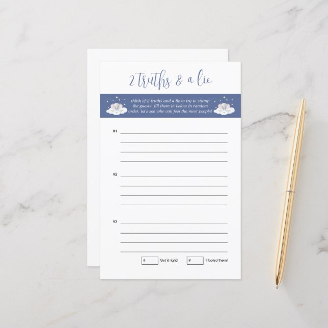 Papier Baby shower éléphant Jeu deux vérités et un menson (Devant/Arrière en situation)