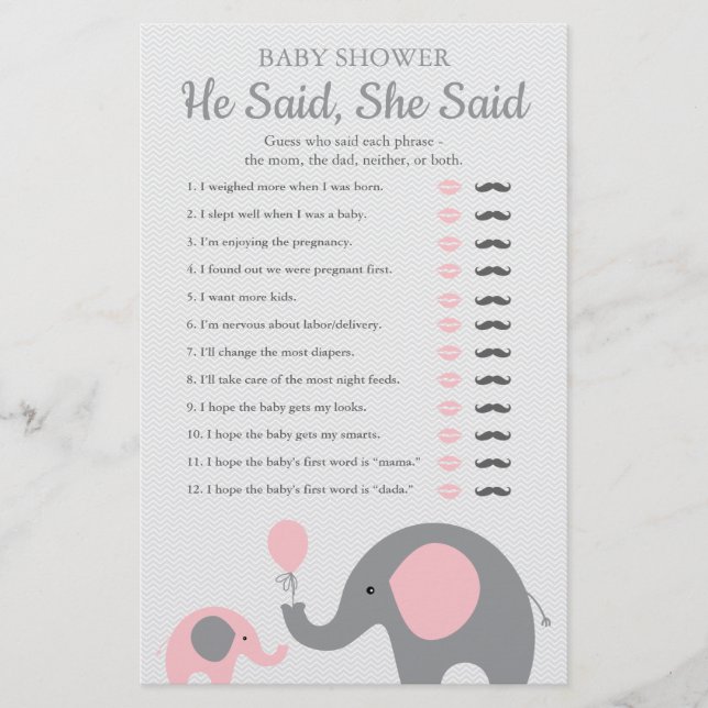 Papier Baby shower Eléphant Rose Il A Dit Qu'Elle A Dit J (Devant)