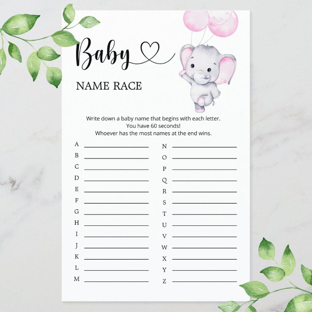 Papier Baby shower Eléphant Rose Nom de la race Jeu (Créateur téléchargé)