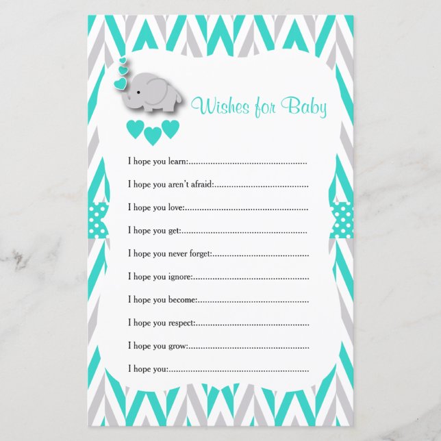 Papier Baby shower Eléphant Turquoise & Grey - Wish (Devant)