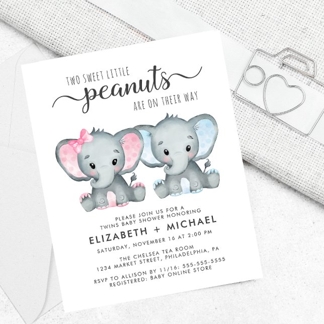 Papier Baby shower Elephant Twin Boy Girl Couples Invitat (Créateur téléchargé)