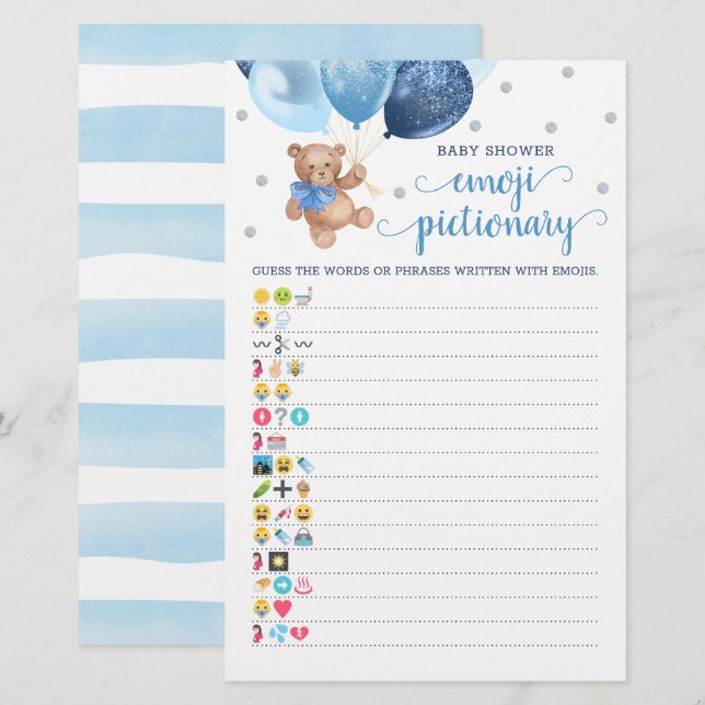 Papier Baby shower Emoji Pictionary Jeu Teddy Bear Thème (Devant / Derrière)