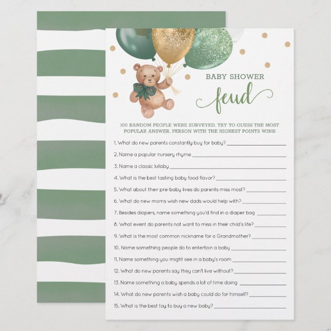 Papier Baby shower Feud Jeu Avec Réponses Teddy Bear (Devant / Derrière)