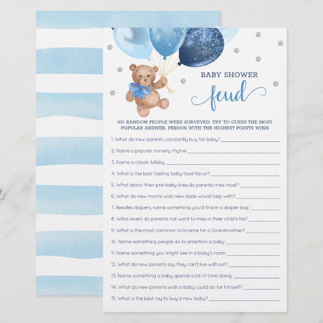 Papier Baby shower Feud Jeu Bleu Et Ours Teddy Argent (Devant / Derrière)