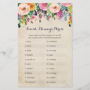 Papier Baby shower Fleur Finish Mommy's Phrase Game