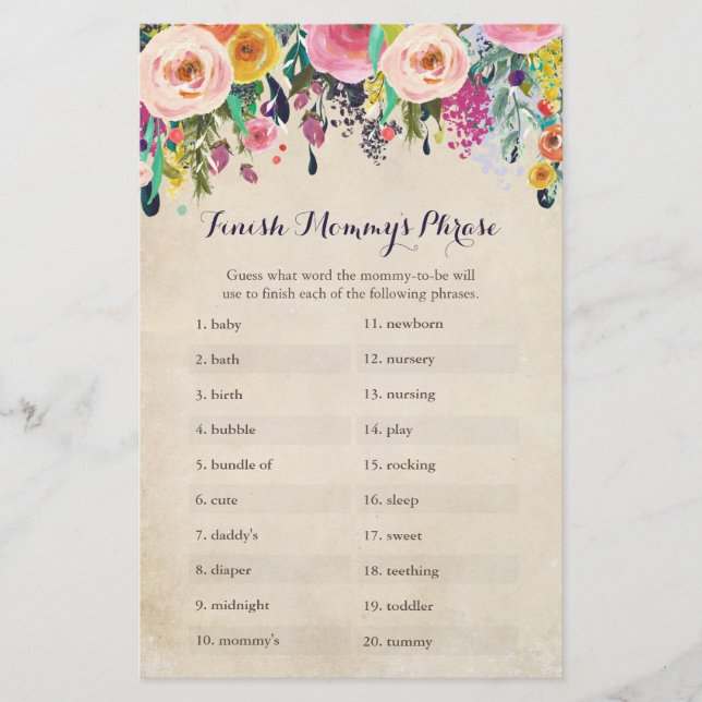 Papier Baby shower Fleur Finish Mommy's Phrase Game (Devant)