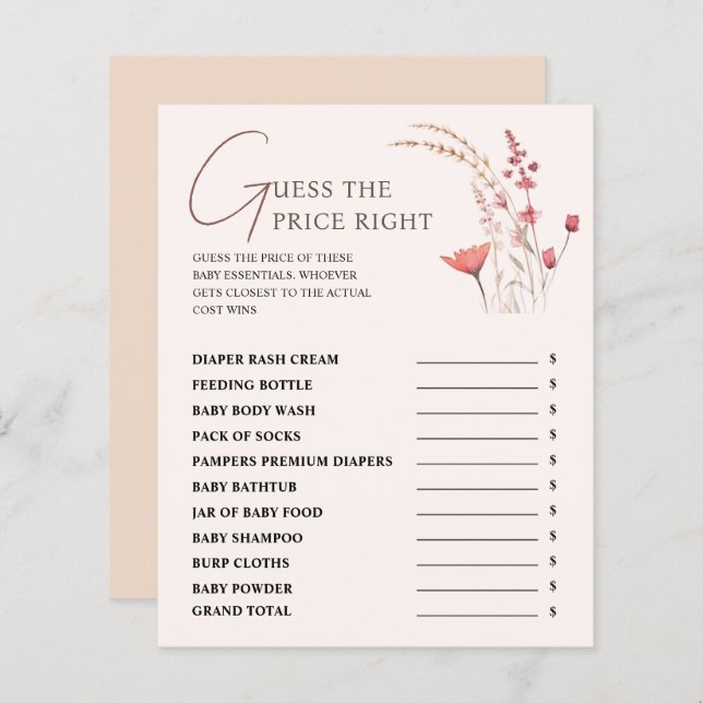 Papier Baby shower fleur sauvage Devine Le Prix Bon Jeu (Devant / Derrière)