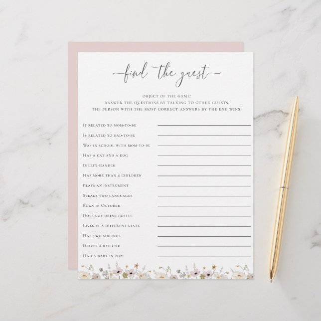 Papier Baby shower fleur sauvage Trouver Le Jeu D'Invités (Devant/Arrière en situation)