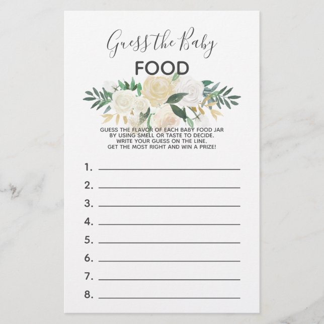 Papier Baby shower Fleurs Jeu - Devinez la nourriture pou (Devant)