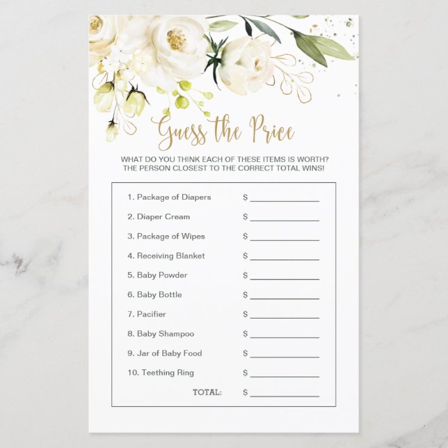 Papier Baby shower Floral devine le jeu du prix (Devant)