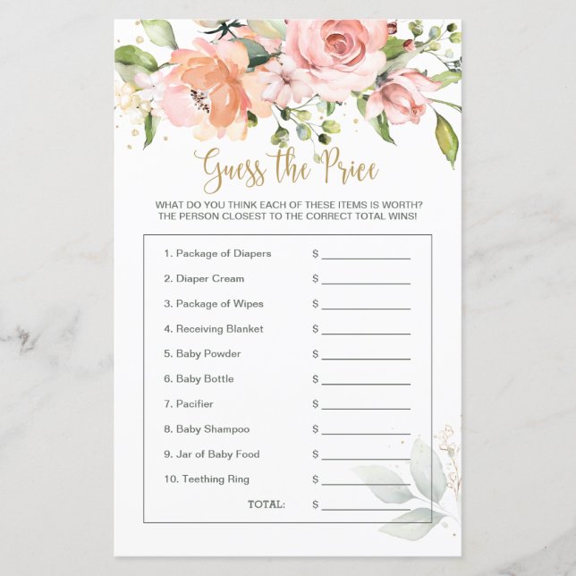 Papier Baby shower Floral devine le jeu du prix (Devant)