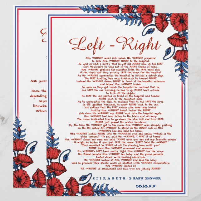 Papier Baby shower floral du pavot gauche - droite (Devant / Derrière)