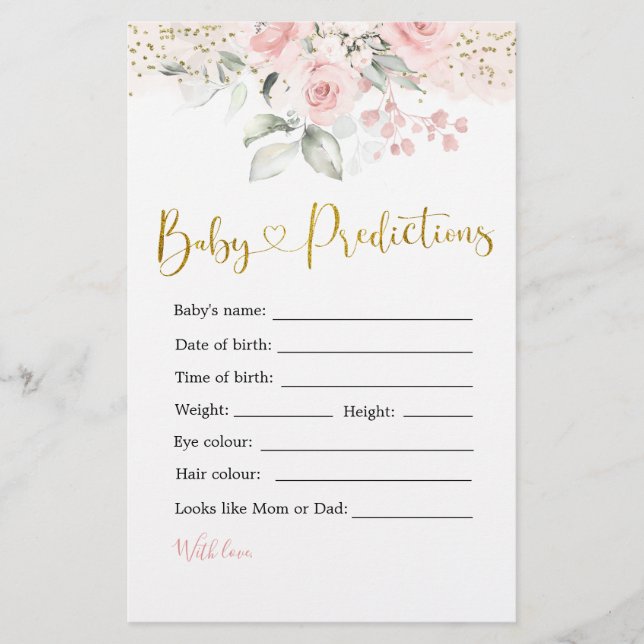 Papier Baby shower floral rose pâle prédictions pour bébé (Devant)