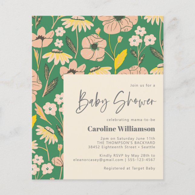 Papier Baby shower floral rose vert mou budget Invitation (Devant)