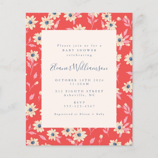 Papier Baby shower Floral rouge Boho Budget (Devant)