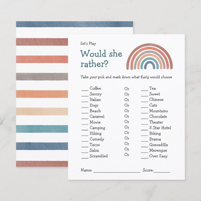 Papier Baby shower Game Voudrait-Elle Plutôt Boho Rainbow (Devant / Derrière)