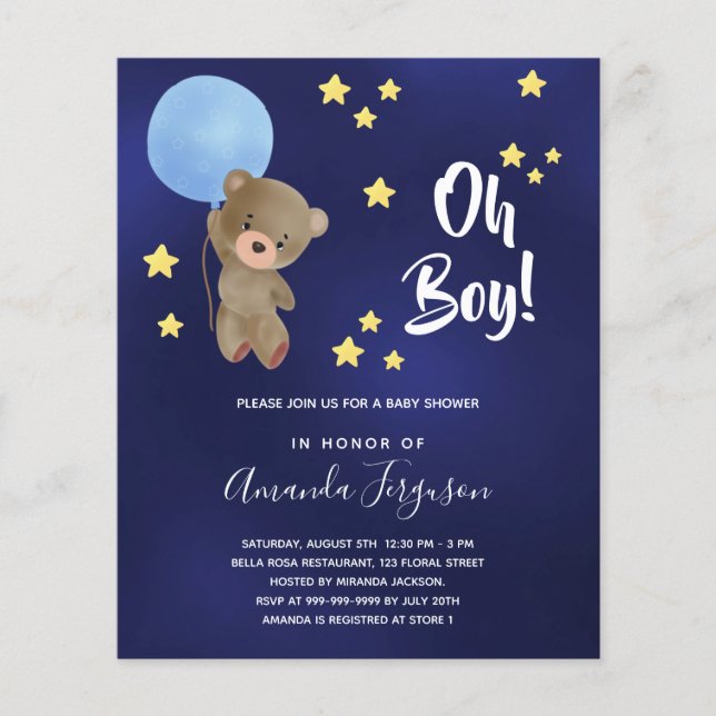 Papier Baby shower garçon en peluche ours bleu invitation (Devant)