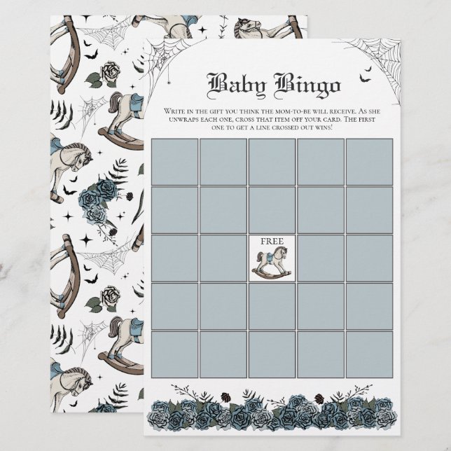 Papier Baby shower gothique Blue Rocking Horse Baby Bingo (Devant / Derrière)