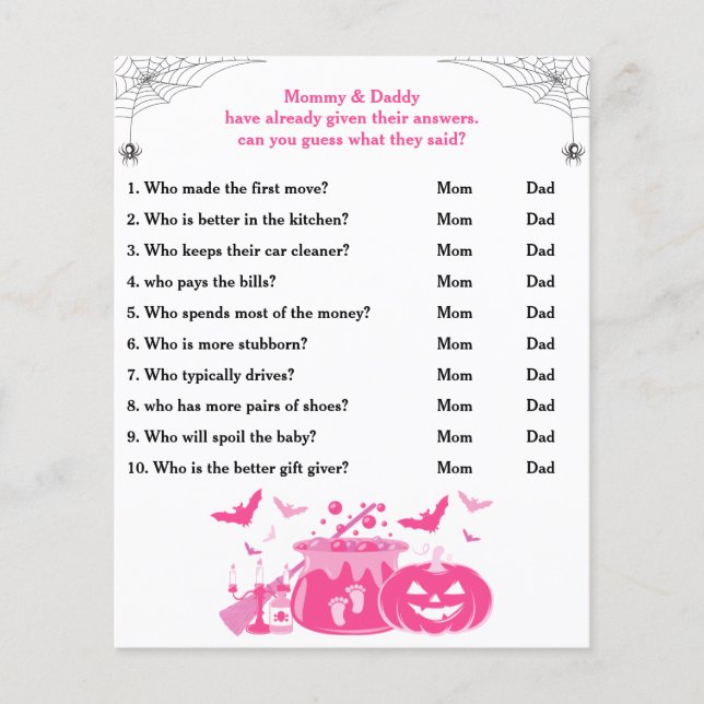 Papier Baby shower Halloween rose Devinez Qui Maman, Papa (Devant)
