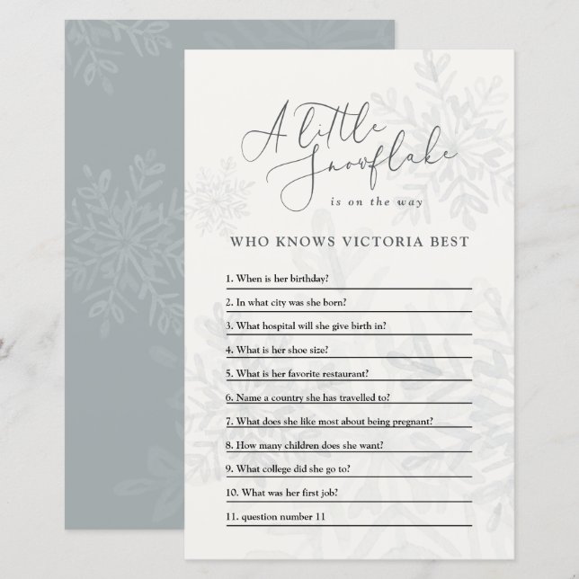 Papier Baby shower hiver de flocon de neige quiz sans sex (Devant / Derrière)