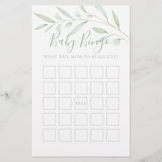 Papier Baby shower Jeu bébé Bingo Vert Aquarelle (Devant)