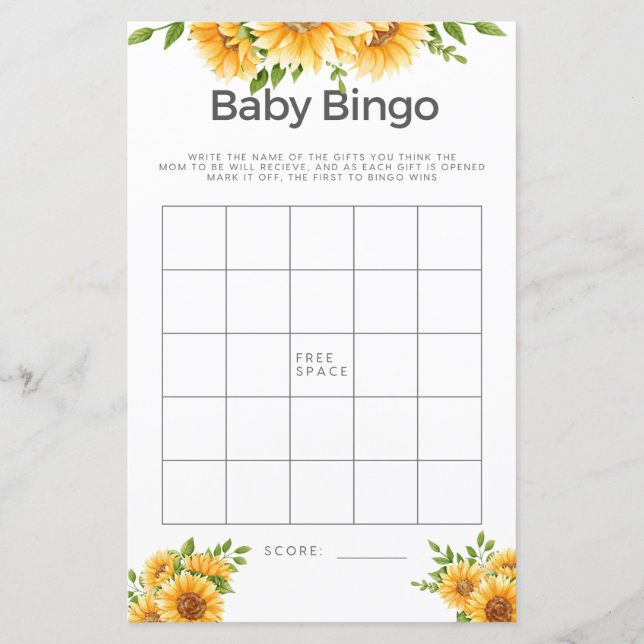 Papier Baby shower Jeu Bingo Bingo Fleurs de soleil jaune (Devant)