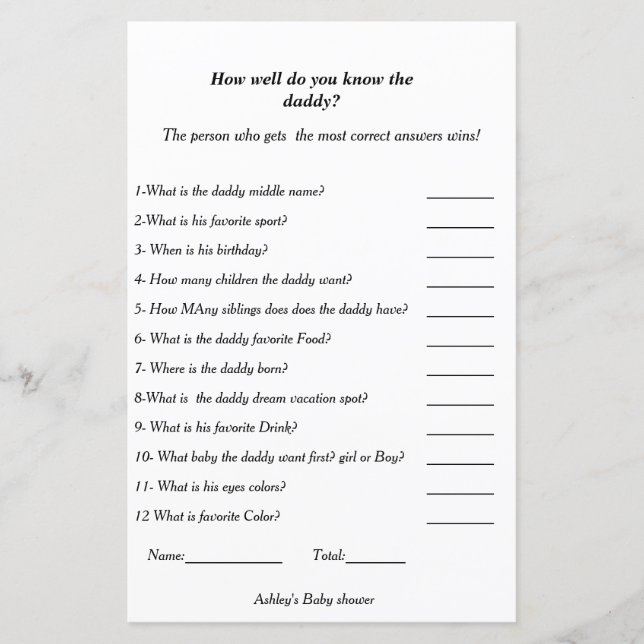 Papier Baby shower jeu comment bien vous papa (Devant)
