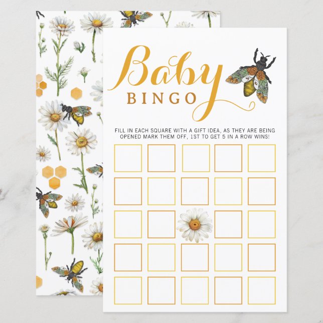 Papier Baby shower Jeu de Bingo | Bumblebee Honey Bee Thè (Devant / Derrière)