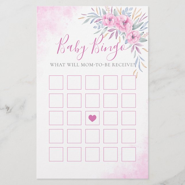 Papier Baby shower Jeu Fleurs de Bingo Aquarelle rose (Devant)