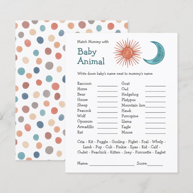 Papier Baby shower Jeu Match Maman & Baby Boho Sun Moon (Devant / Derrière)