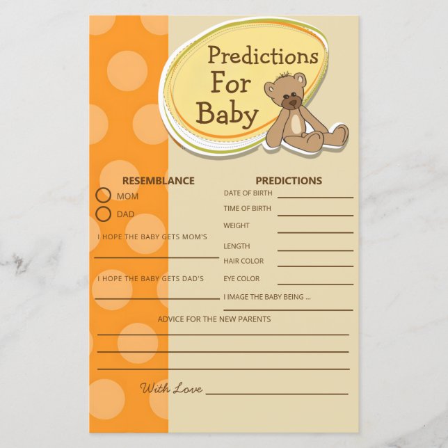 Papier Baby shower Jeu Vintage Teddy Bear Prédictions (Devant)