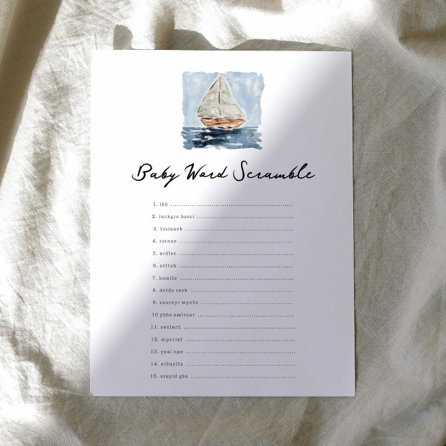 Papier Baby shower Mot Scramble Nautique (Nautical watercolor sailboat chic baby shower baby word scramble game.)